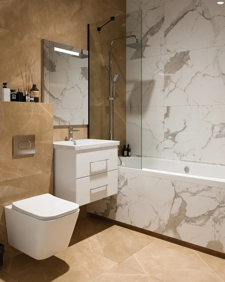 Мансарда квартира современная ванная комната дизайн интерьера стильный итальянский гранит керамика