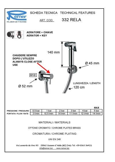 Гигиенический душ Remer 332RELA хром купить в Москве.